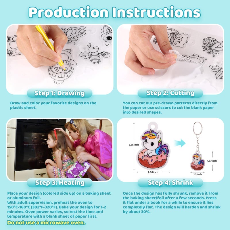 Funtopia Shrinking Art Sheets Kits for Kids, 75 Pre-Cut Shrink Paper Craft Keychain Making Kit, 12 Themes DIY Shrink Art Plastic Sheets with Charms and Keychains Accessories - Image 5
