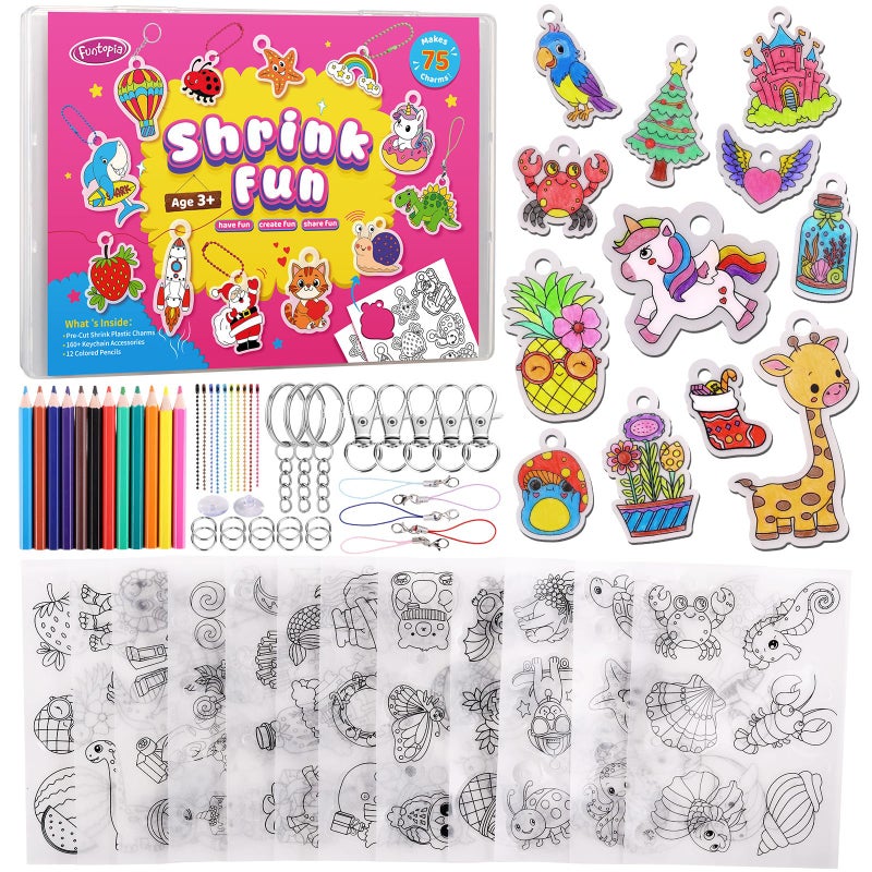 Funtopia Shrinking Art Sheets Kits for Kids, 75 Pre-Cut Shrink Paper Craft Keychain Making Kit, 12 Themes DIY Shrink Art Plastic Sheets with Charms and Keychains Accessories - Image 1