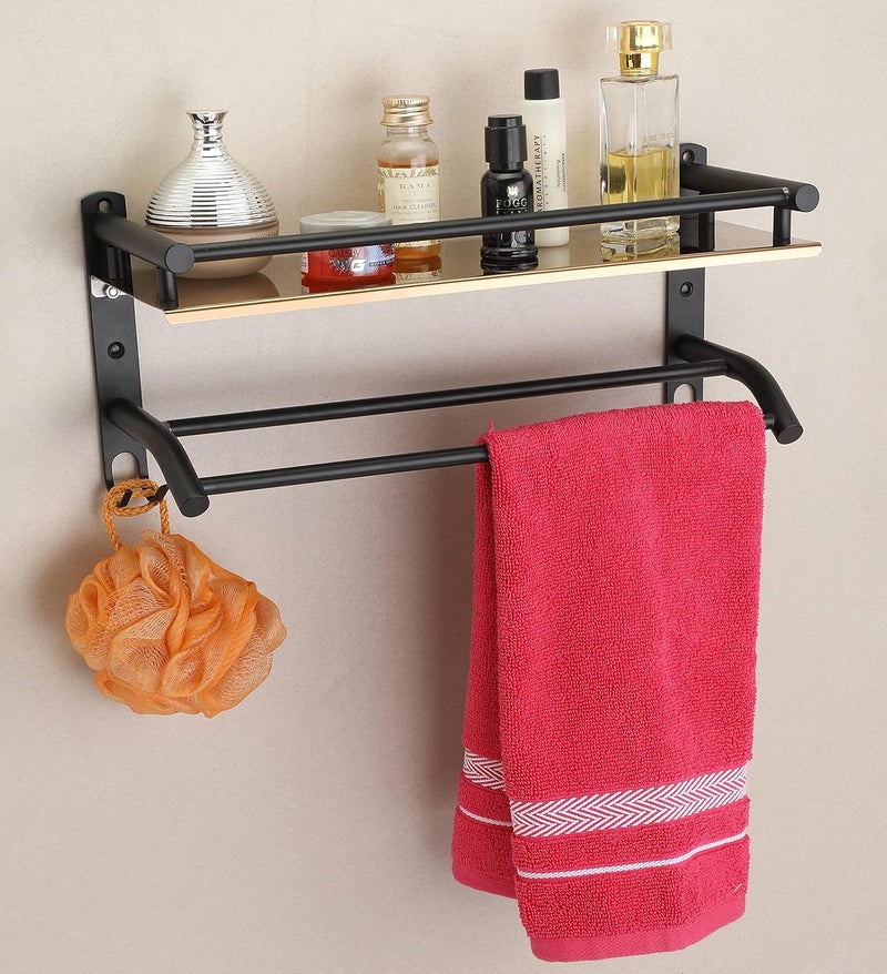 iSTAR Steel WallMounted 2Tier Shlef with Towel Holder and Hooks Stylish Multipurpose Bathroom Accessories Storage Organizer Rack for Shower Washroom Home Office and Hotel Use Black Finish - Image 1