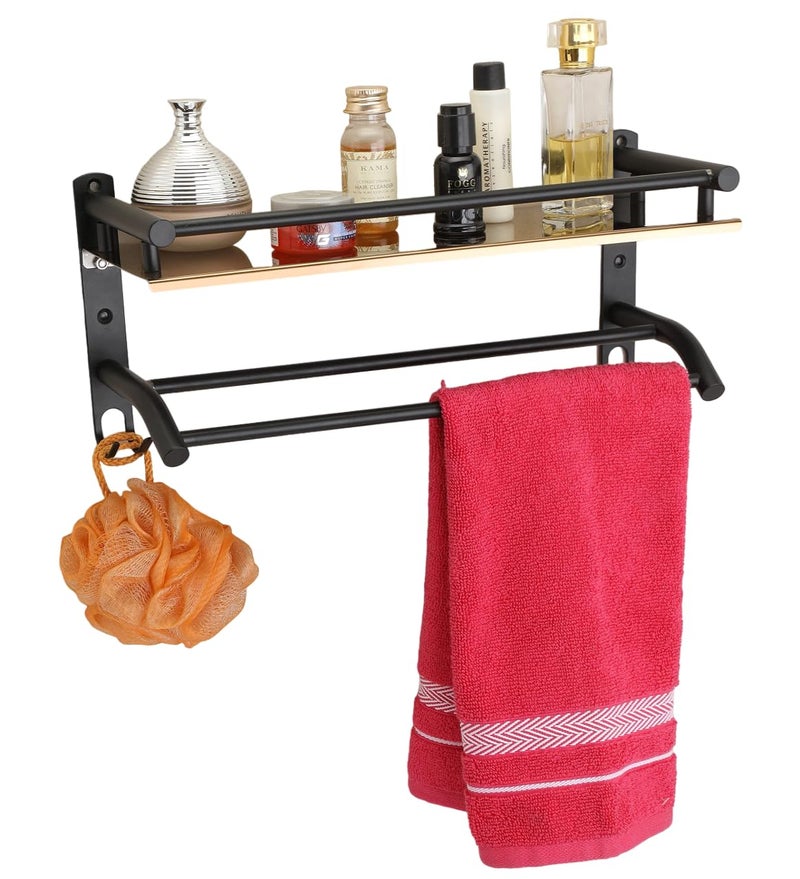 iSTAR Steel WallMounted 2Tier Shlef with Towel Holder and Hooks Stylish Multipurpose Bathroom Accessories Storage Organizer Rack for Shower Washroom Home Office and Hotel Use Black Finish - Image 3