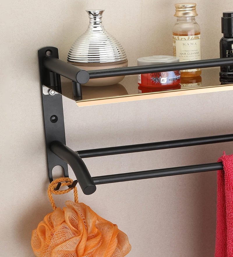 iSTAR Steel WallMounted 2Tier Shlef with Towel Holder and Hooks Stylish Multipurpose Bathroom Accessories Storage Organizer Rack for Shower Washroom Home Office and Hotel Use Black Finish - Image 2