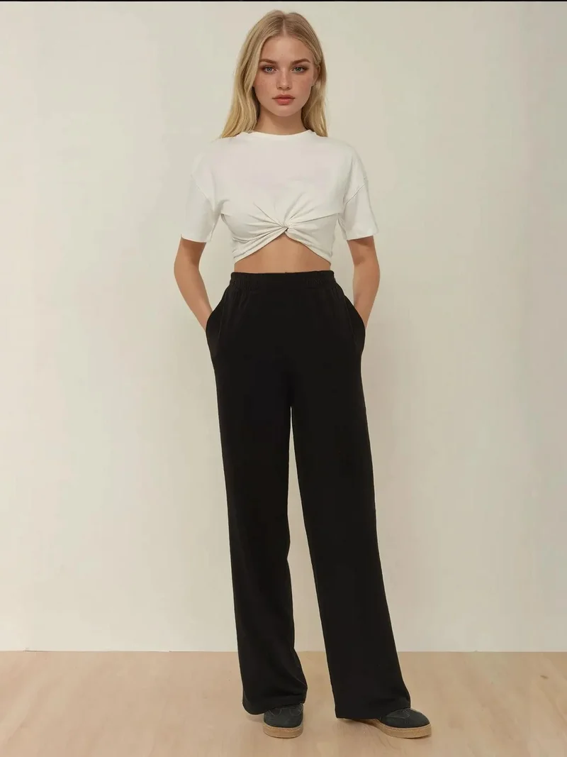 HICCUP Black Wide Leg Flexible Elastic Waist Trousers for Women | Best Price UAE