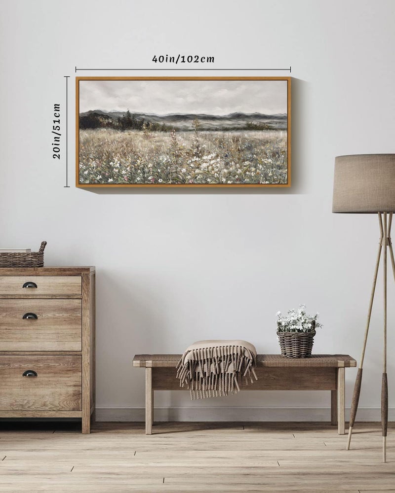 SHENIFY 20x40in Extra Large Vintage Framed Wall Art Meadow with Flowers Landscape Painting Retro Scenery Farmhouse Bedroom Above of Bed Living Room Decor - Natural Framed - Image 2