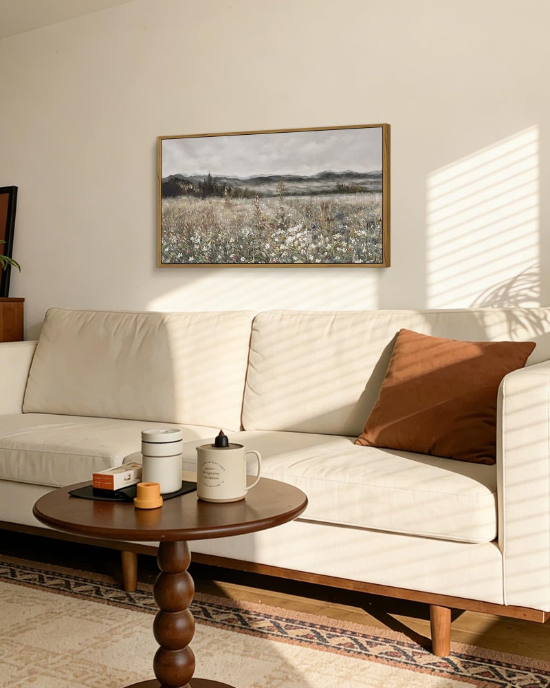SHENIFY 20x40in Extra Large Vintage Framed Wall Art Meadow with Flowers Landscape Painting Retro Scenery Farmhouse Bedroom Above of Bed Living Room Decor - Natural Framed - Image 5
