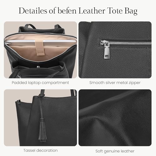 befen Black Genuine Leather Tote Bag for Women Work, Womens Tote Bags Shoulder Purses Totes with Compartments Handbags for Office Travel Casual - Image 3