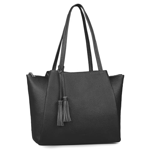 befen Black Genuine Leather Tote Bag for Women Work, Womens Tote Bags Shoulder Purses Totes with Compartments Handbags for Office Travel Casual - Image 1