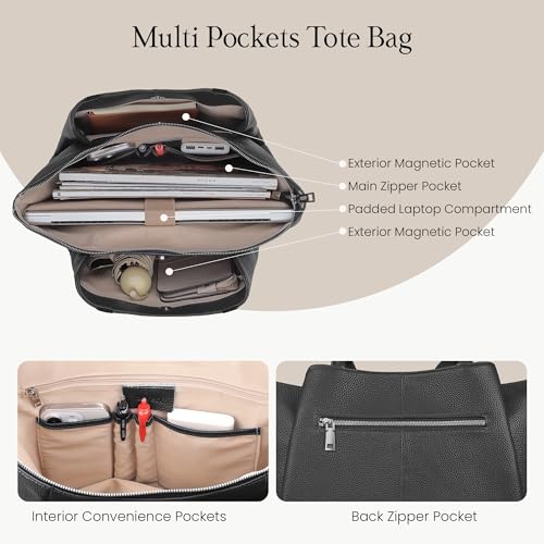 befen Black Genuine Leather Tote Bag for Women Work, Womens Tote Bags Shoulder Purses Totes with Compartments Handbags for Office Travel Casual - Image 2