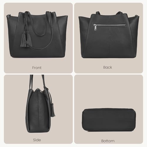 befen Black Genuine Leather Tote Bag for Women Work, Womens Tote Bags Shoulder Purses Totes with Compartments Handbags for Office Travel Casual - Image 5