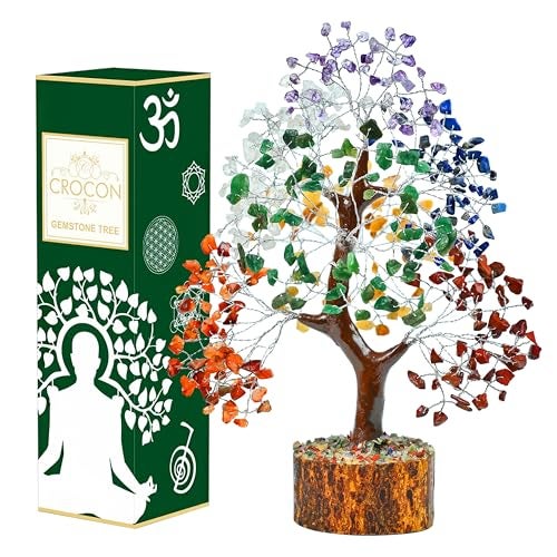 Crocon Seven Chakra Gemstone Tree Feng Shui Figurine | Money Bonsai Good Luck Reiki Healing Crystals | Wealth & Prosperity Decoration Ornament | Gift for Home, Office, Room Decor 10-12” - Image 1