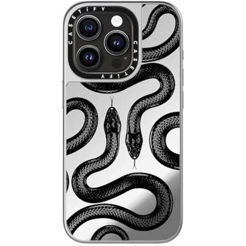 Casetify Mirror Case for iPhone 15 Pro 【Reflective / 4.9ft Drop Protection/Compatible with Magsafe】 - Black Kingsnake - Silver On Silver - Image 4
