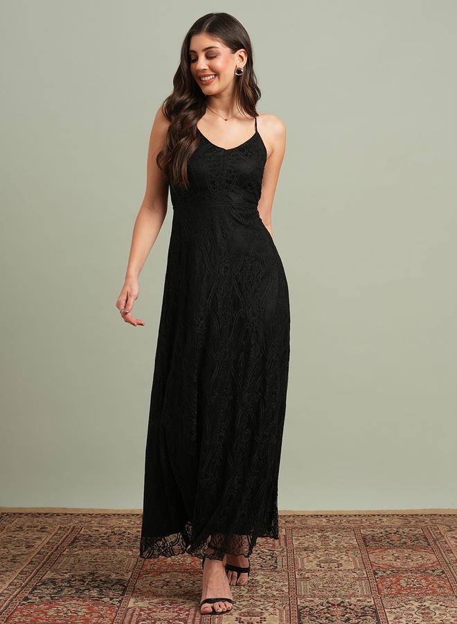 globus Black V-Neck Back Cross Strap Lace Maxi Dress - Image 1