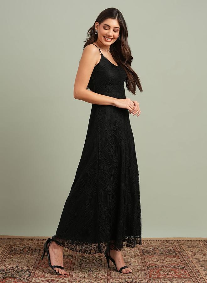 globus Black V-Neck Back Cross Strap Lace Maxi Dress - Image 2