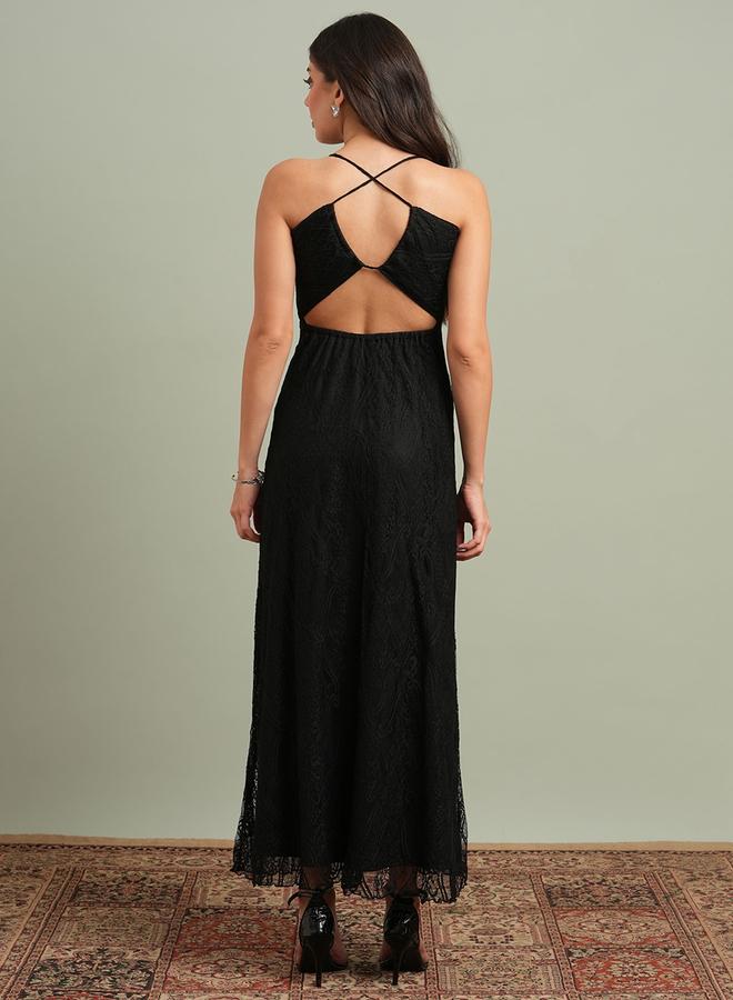 globus Black V-Neck Back Cross Strap Lace Maxi Dress - Image 3