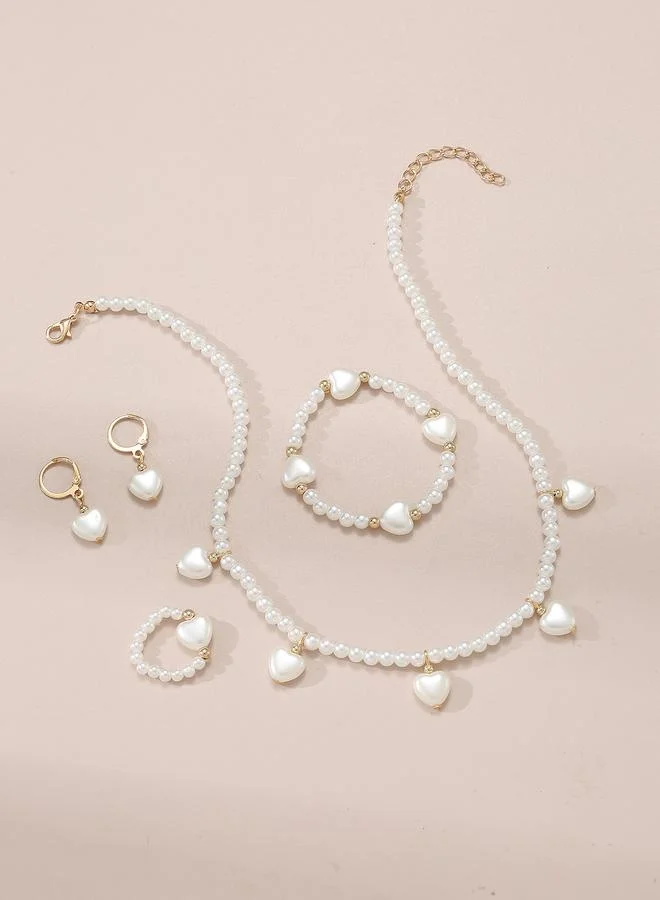 Take Two Girls White Pearl Heart Charm Necklace, Bracelet, Ring and Earrings Set