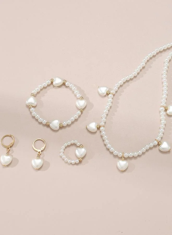 Take Two Girls White Pearl Heart Charm Necklace, Bracelet, Ring and Earrings Set