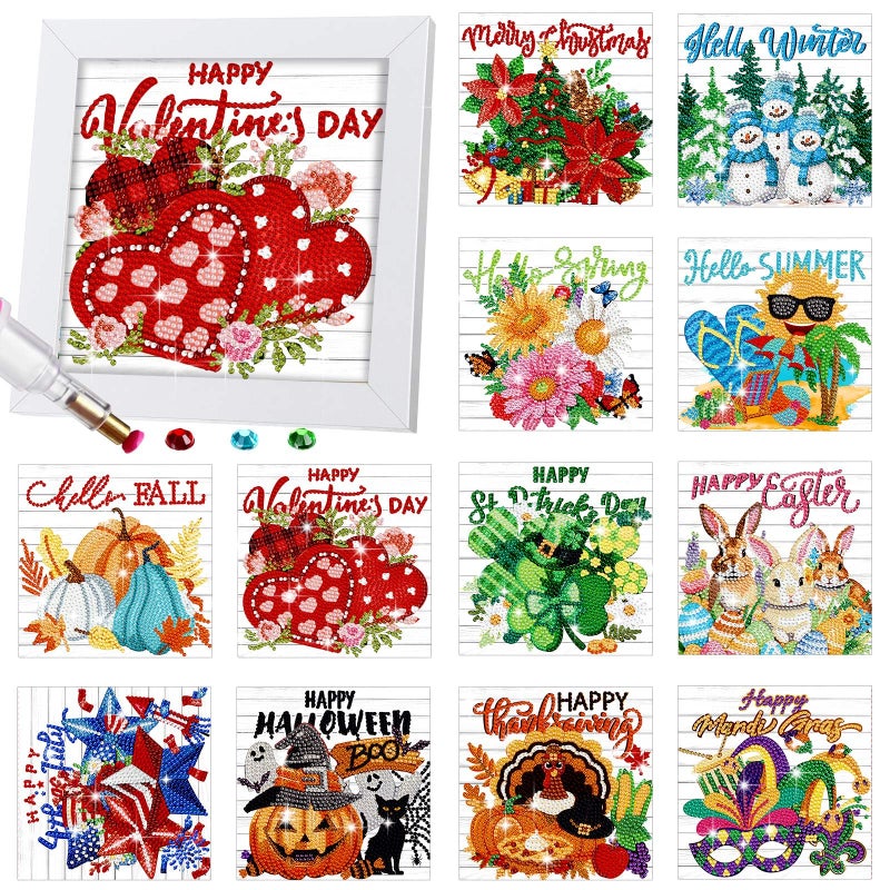Trandraft 13 Pcs Interchangeable Seasonal Diamond Painting Kits for Adults Christmas 5D Diamond Art Calendar Kits with Frame for Christmas Winter Holiday Table Decor Art Craft Gift(Lively Style) - Image 1