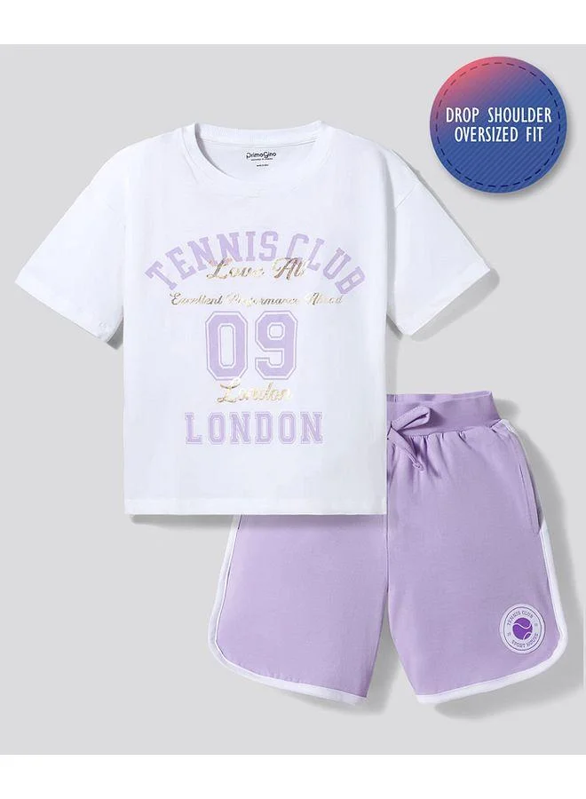 Primo Gino Primo Gino Cotton Knit Oversized T-Shirt and Short Set with Tennis Foil Print - White and Lilac