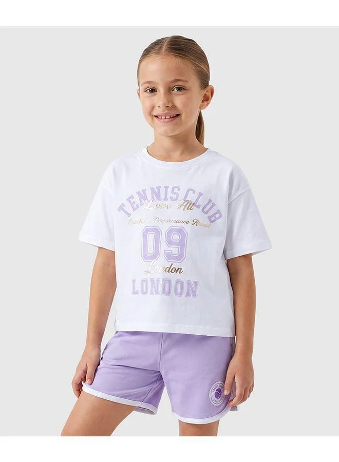 Primo Gino Primo Gino Cotton Knit Oversized T-Shirt and Short Set with Tennis Foil Print - White and Lilac