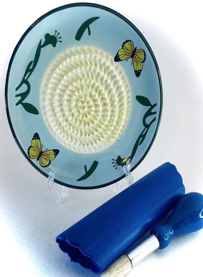 BonCera, All-in-one Premium Ceramic Garlic Grater Plate 4-Piece Set - Butterfly Design, Classic Style - For Garlic, Ginger, Chocolate, and more! - Comes with 5.25" Plate, Peeler, Brush, and Stand - Image 2