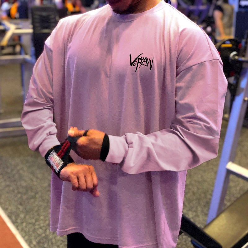Generic Muscle fashion brand loose fitness clothes casual training sportswear long-sleeved T-shirt pullover sweater thin men Pink