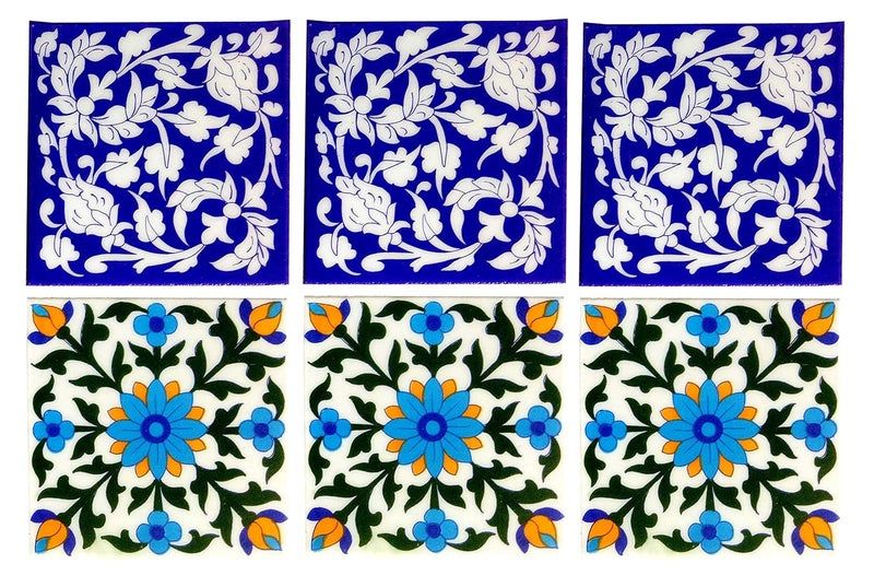 Shiv Kripa Blue Pottery Home Decor Moroccan Blue Pottery Ceramic Handmade Painted Wall Tiles 6 x 6 Inch Set of 6 Tiles Multi