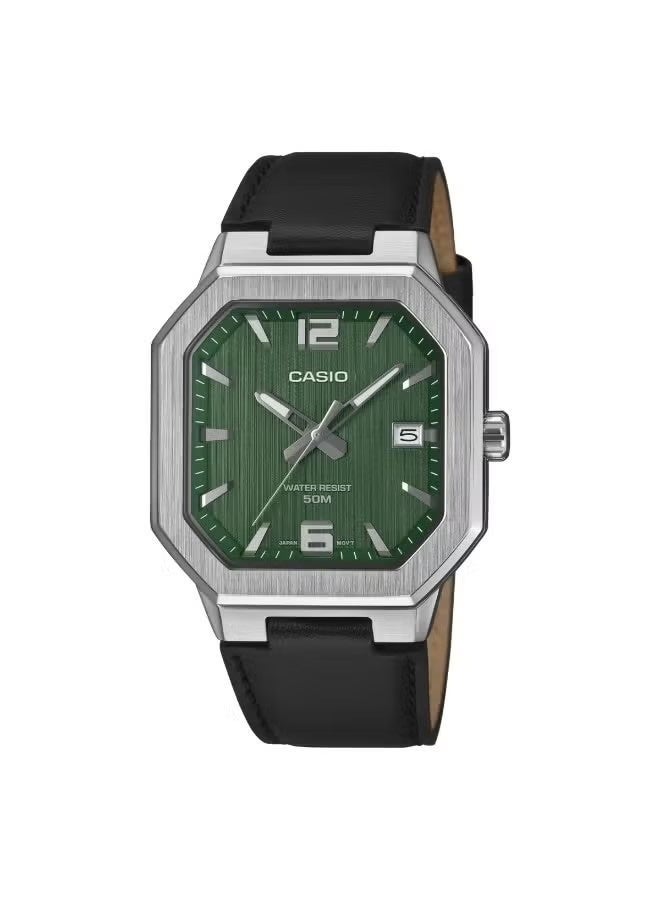 Analog Men's Watch MTP-B195L-3AVDF, 46.5 mm Textured Green Dial, Silver Stainless Steel Case & Black Leather Strap