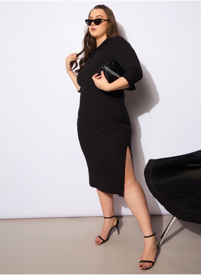SASSAFRAS Plus Size Solid Rib Polo Neck Front Button Midi Dress  - Image 1