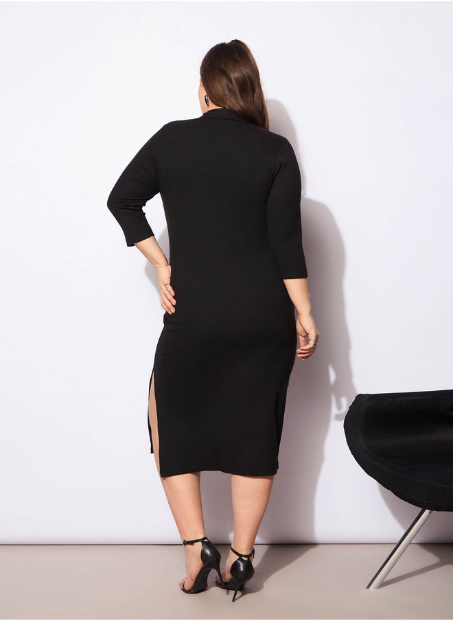 SASSAFRAS Plus Size Solid Rib Polo Neck Front Button Midi Dress  - Image 5