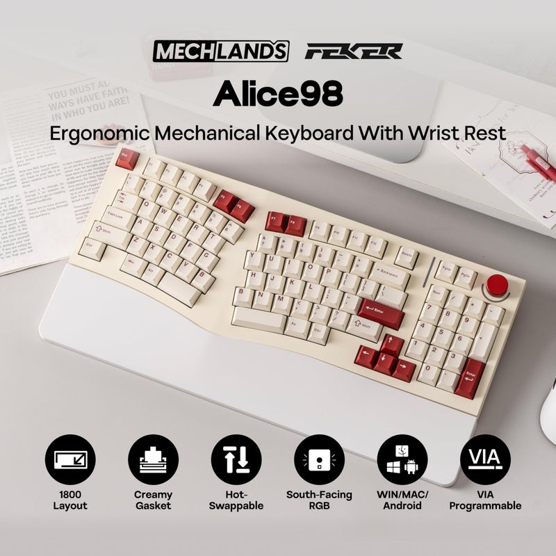 MechLands Feker Alice98 Ergonomic 98 Keys Custom Mechanical Keyboard, VIA Programmable, USB-C Wired Gaming Keyboard, Hot Swappable, 5 Layer Paddings, Control Knob, NKRO, RGB for Win/Mac (Beige) - Image 2