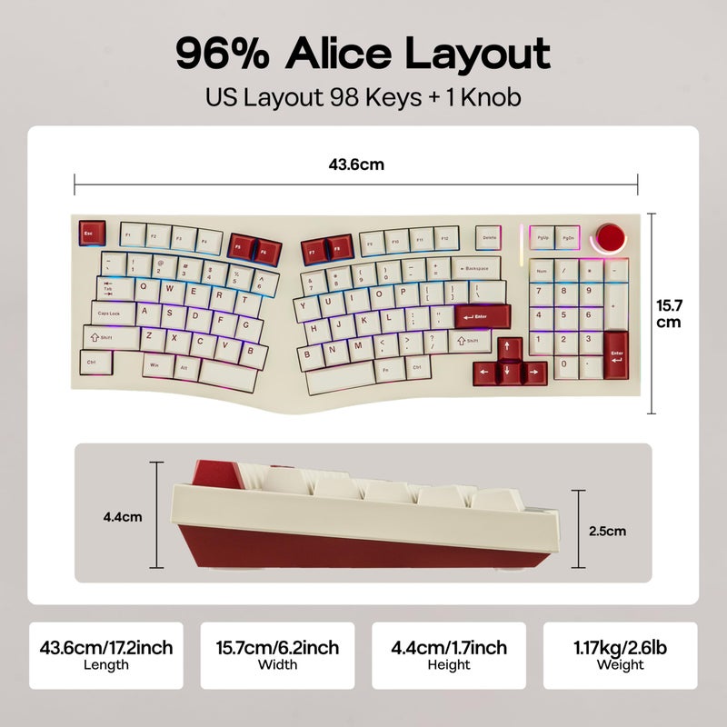 MechLands Feker Alice98 Ergonomic 98 Keys Custom Mechanical Keyboard, VIA Programmable, USB-C Wired Gaming Keyboard, Hot Swappable, 5 Layer Paddings, Control Knob, NKRO, RGB for Win/Mac (Beige) - Image 4