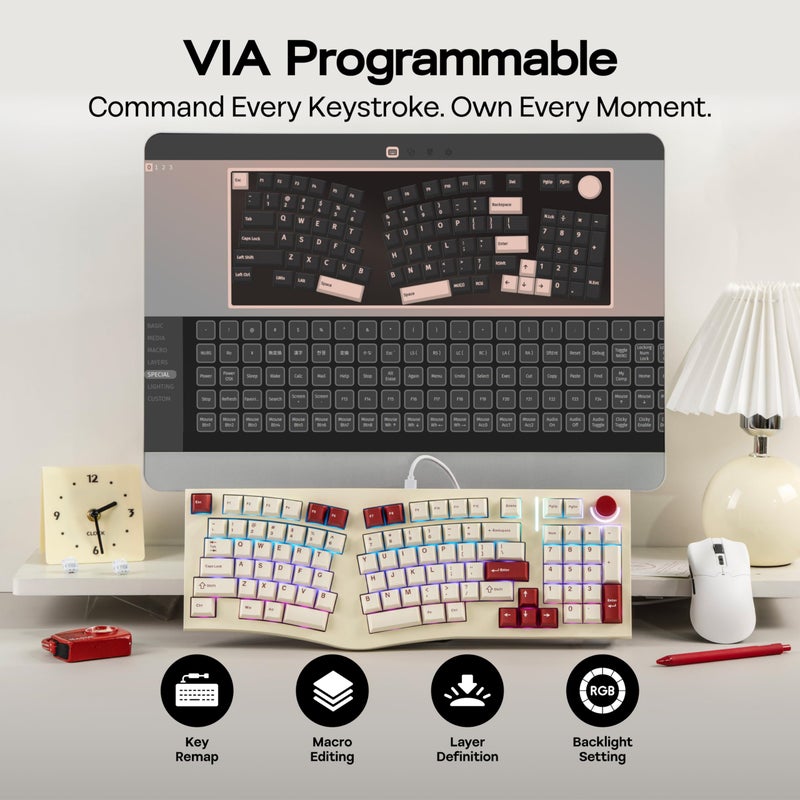 MechLands Feker Alice98 Ergonomic 98 Keys Custom Mechanical Keyboard, VIA Programmable, USB-C Wired Gaming Keyboard, Hot Swappable, 5 Layer Paddings, Control Knob, NKRO, RGB for Win/Mac (Beige) - Image 5
