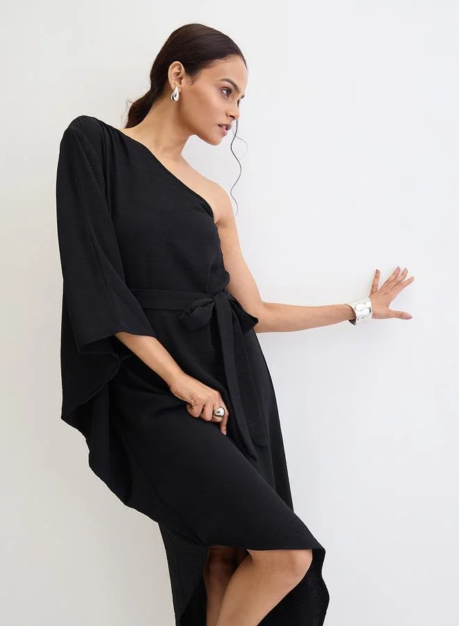 Femmella Femmella Black One Shoulder Asymmetric Midi Dress