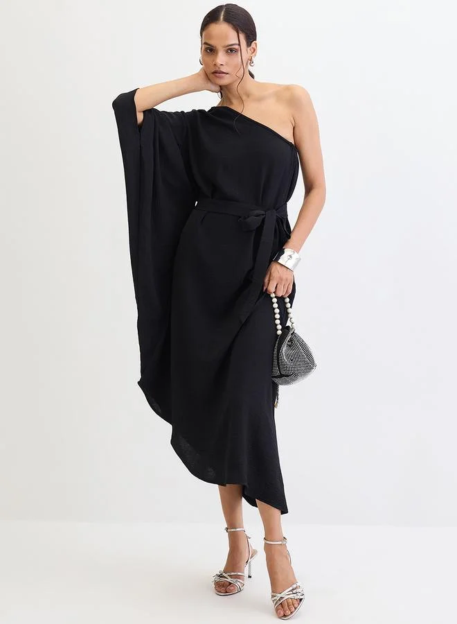 Femmella Femmella Black One Shoulder Asymmetric Midi Dress