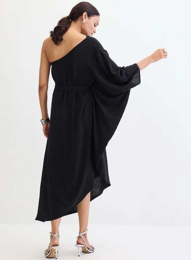 Femmella Femmella Black One Shoulder Asymmetric Midi Dress