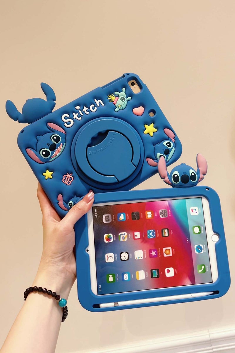 general for iPad 11th(A16) 2025 Cute Kids Kawaii Cover Boys 3D Cartoon Stitch with Rotating Handle Stand  Soft Silicone Case - Image 3