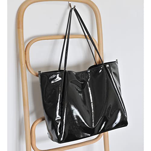 Hoxis Shiny Patent Faux Leather Tote Glossy Shoulder Handbag for Women Convertible Purse (Black) - Image 2
