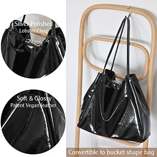 Hoxis Shiny Patent Faux Leather Tote Glossy Shoulder Handbag for Women Convertible Purse (Black) - Image 3