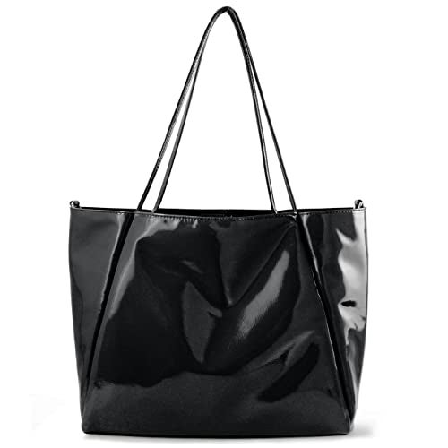 Hoxis Shiny Patent Faux Leather Tote Glossy Shoulder Handbag for Women Convertible Purse (Black) - Image 1