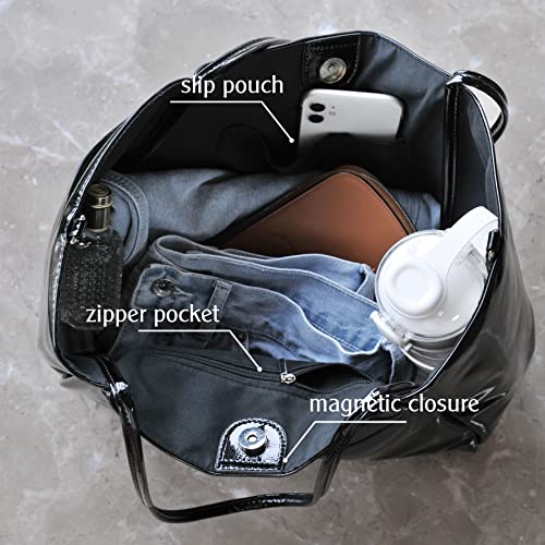Hoxis Shiny Patent Faux Leather Tote Glossy Shoulder Handbag for Women Convertible Purse (Black) - Image 5