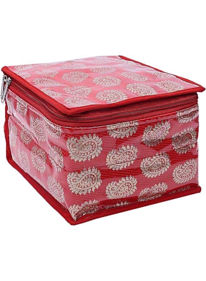 Zaboon Industries Brocade Jewellery Storage Organizer For Woman|10 Transparent Pouch|Travel Jewellery Case|Watch Box & Storage Organizer|RED - Image 1