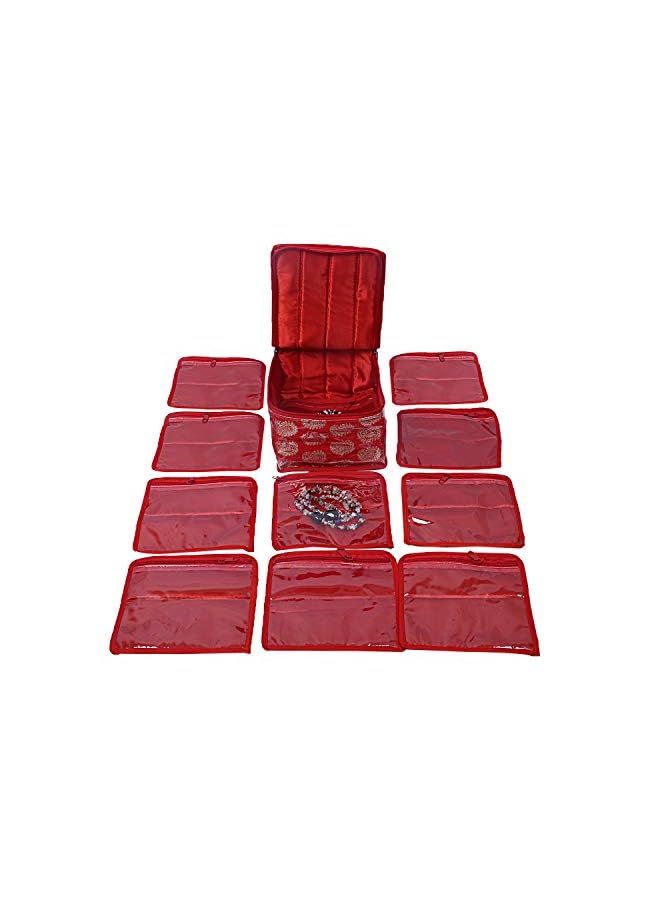 Zaboon Industries Brocade Jewellery Storage Organizer For Woman|10 Transparent Pouch|Travel Jewellery Case|Watch Box & Storage Organizer|RED - Image 3