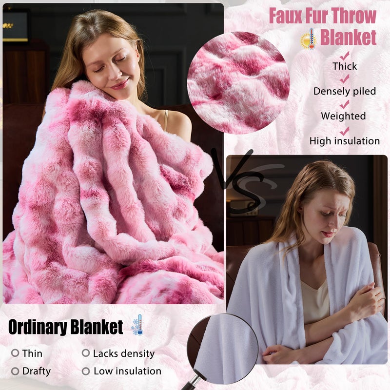 PLUUSHUU Faux Fur Throw Blanket for Couch, Fluffy Fuzzy Plush Bubble Blanket, Soft Warm Cozy Shaggy Rabbit Blanket, Luxury Decorative Gifts for Sofa Bedroom Living Room, 60x80inch (Tie-Dye-Pink) - Image 2