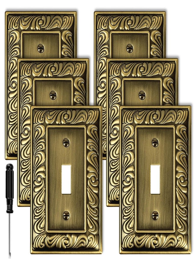 Ranweydi Antique Brass Decorative Wall Plate Light Switch Cover Decorator Outlet Covers Rocker Switch Plates Metal Material Wall Plates for Kitchen Bathroom (1 Gang Single Toggle-6 Pack) - Image 1