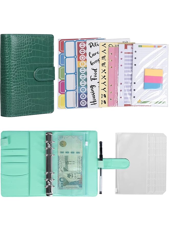 erorex A6 Budget Binder Cash Envelope With Zipper Binder Pockets Money Saving Binder Cash Budget Binder Business Pu Leather Budget Planning Notebook Binder Cover With Magnetic Snap Green  - Image 1