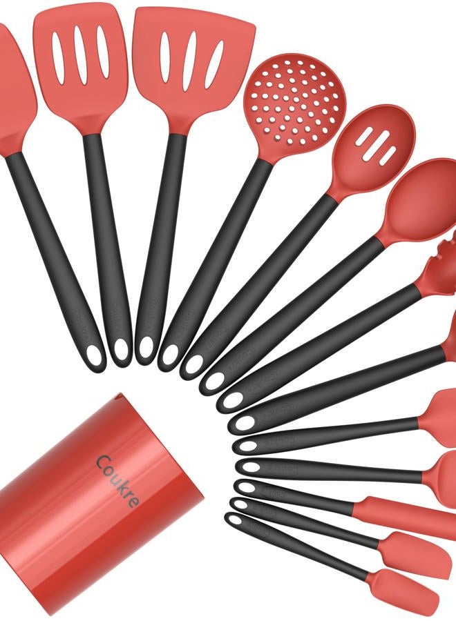 Coukre 14-Piece Silicone Kitchen Cooking Utensils Set with Holder – Heat-Resistant, Food-Grade Kitchen Tools, Spatula, Spoon & Gadgets for Non-Stick Pans, Dishwasher Safe（Red） - Image 1