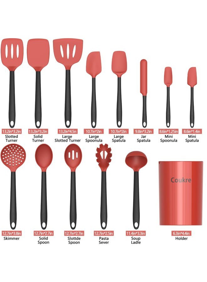 Coukre 14-Piece Silicone Kitchen Cooking Utensils Set with Holder – Heat-Resistant, Food-Grade Kitchen Tools, Spatula, Spoon & Gadgets for Non-Stick Pans, Dishwasher Safe（Red） - Image 2