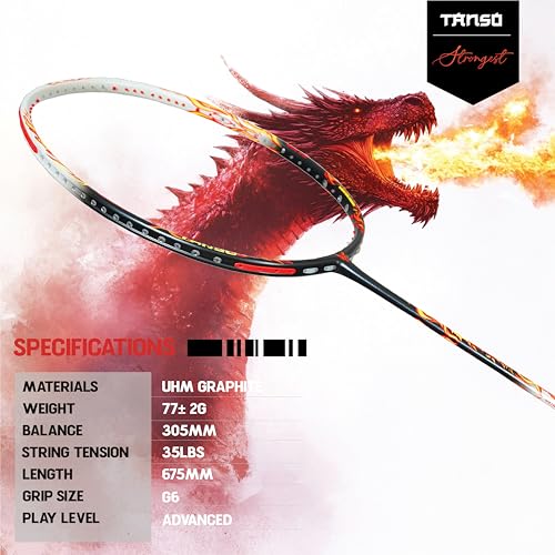 TANSO Wild Fire Full Graphite Ultra Light Weight Carbon Fibre Strung Badminton Racket (35 Lbs Tension,6.5mm ultra slim shaft, 77 Grams, Strung with premium strings and full racquet cover) (Aggressive) - Image 2