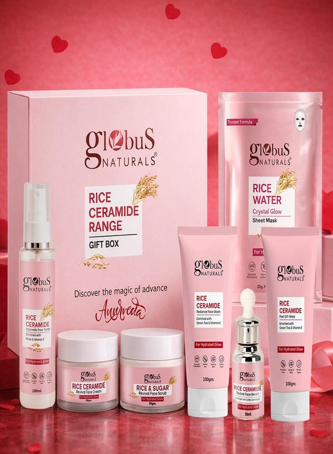 Globus Naturals Valentine Special Rice Ceramide Korean Glass Skin 7 Step Skincare Gift Set | Face Wash, Scrub, Cream, Serum, Toner, Peel off Mask, Sheet Mask | Brightening & Glow Care for Men & Women