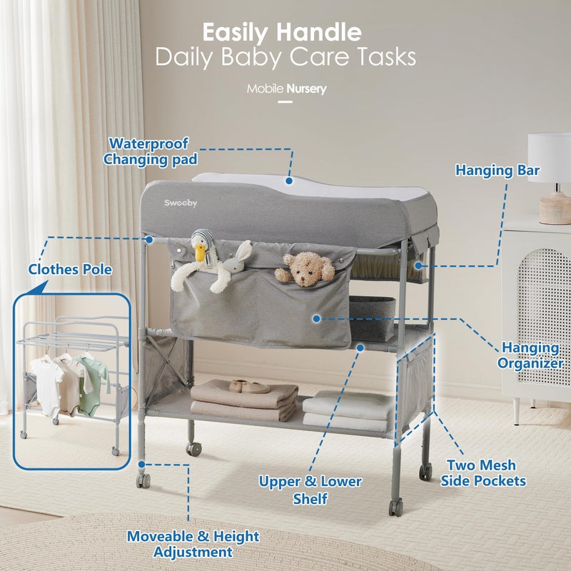 Sweeby Portable Baby Changing Table, Foldable Diaper Changing Station with Waterproof Pad, Mobile Nursery Organizer for Infant & Newborn Essentials, Grey - Image 3