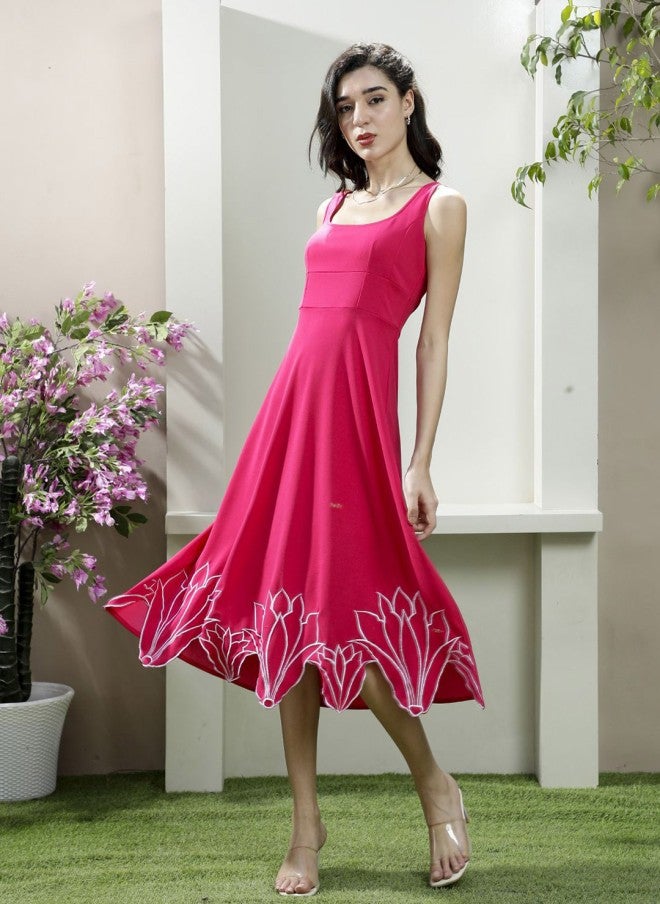 Athena Fuchsia Floral Embroidered Midi Dress for Women - Image 1
